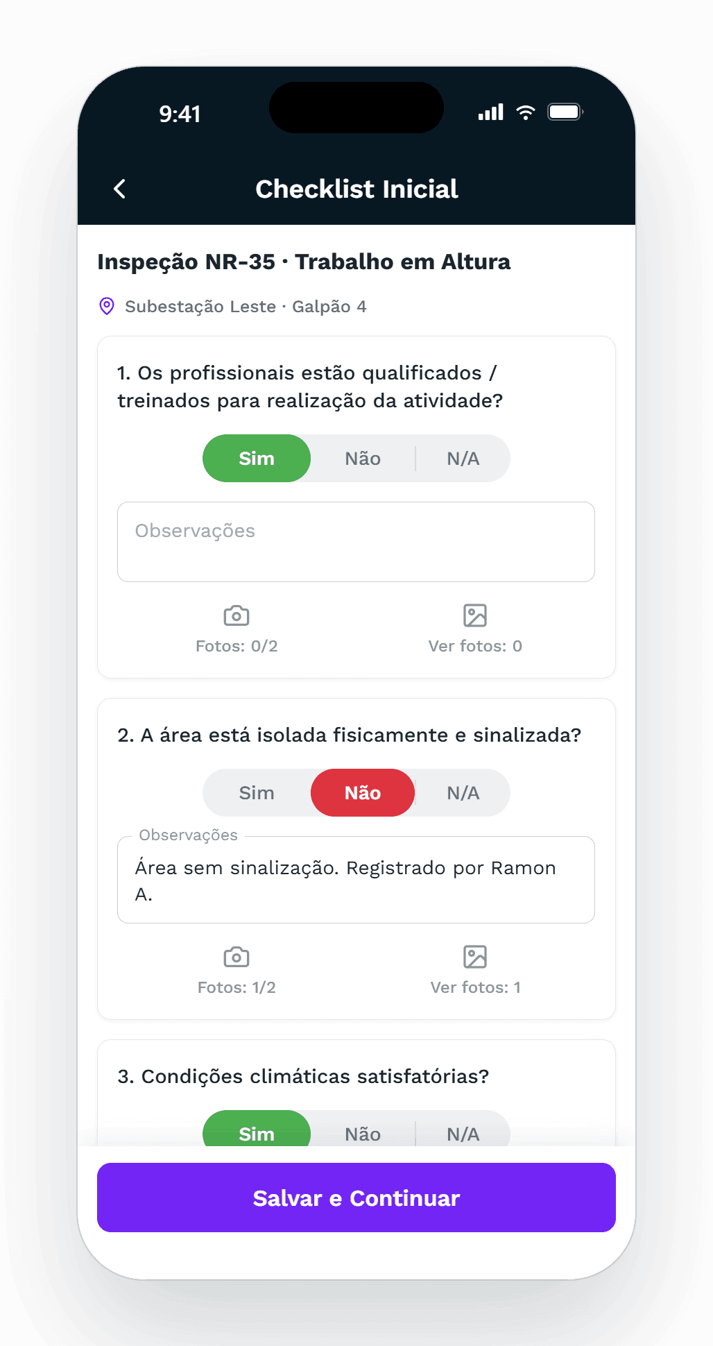App Arkium — checklist de inspeção NR-35 com respostas Sim/Não, observações e fotos